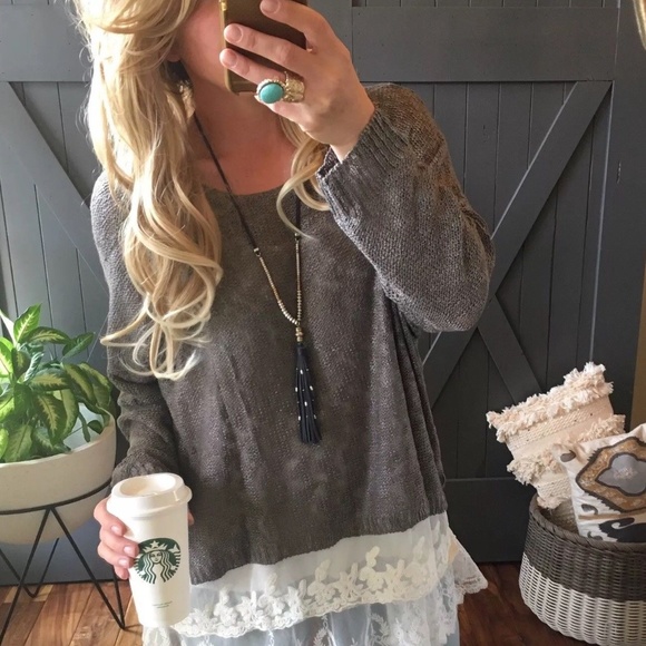 Figleaffashion Sweaters - LAST ONE!  Long Sleeve Knit Grey Lace Hem Sweater